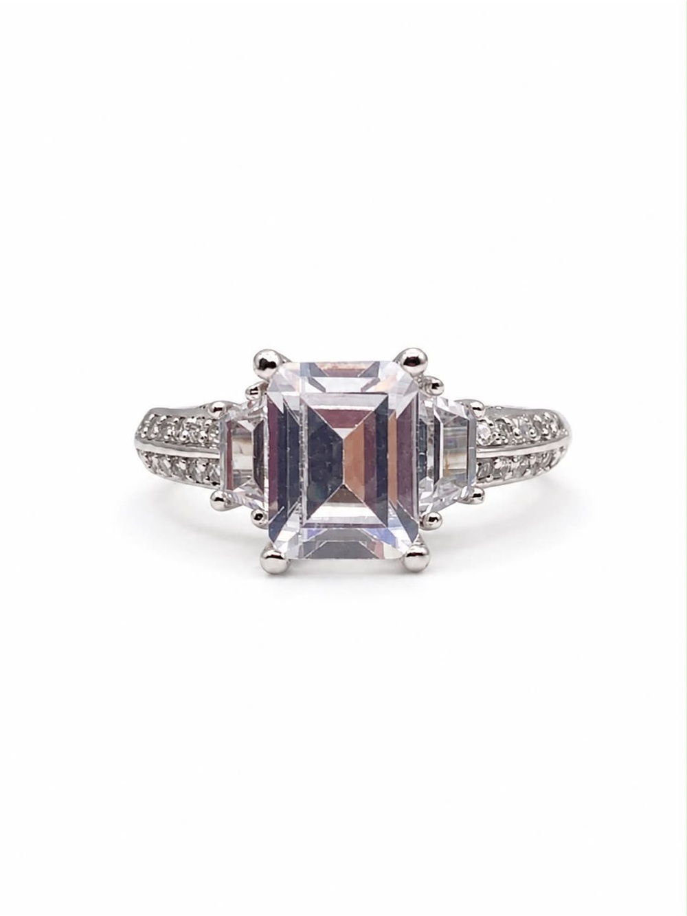 Emerald-Cut Clear Crystal Three-Stone Ring in Silver-Tone
